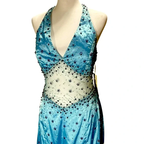 Vintage Y2K Prom Dress, Lisa Kane, Party Time, Turquoise Mesh Beaded Gown, NWT Vintage Y2K Prom Dress, Lisa Kane, Party Time, Turquoise Mesh Beaded Gown, NWT